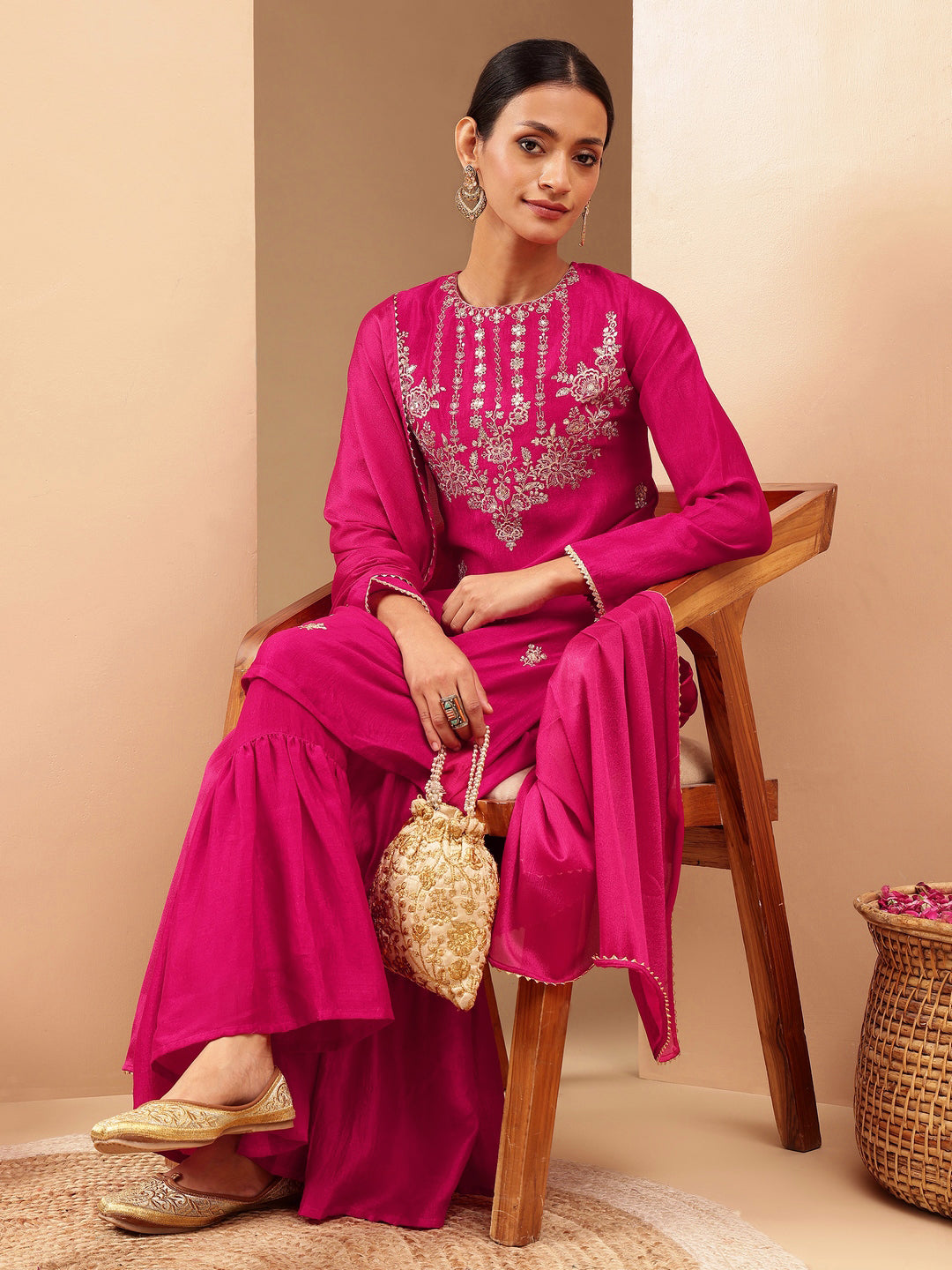 Janasya Women's Pink Silk Blend Zari Embroidered Straight Kurta With Sharara & Dupatta Set - qivii