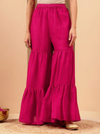 Janasya Women's Pink Silk Blend Zari Embroidered Straight Kurta With Sharara & Dupatta Set