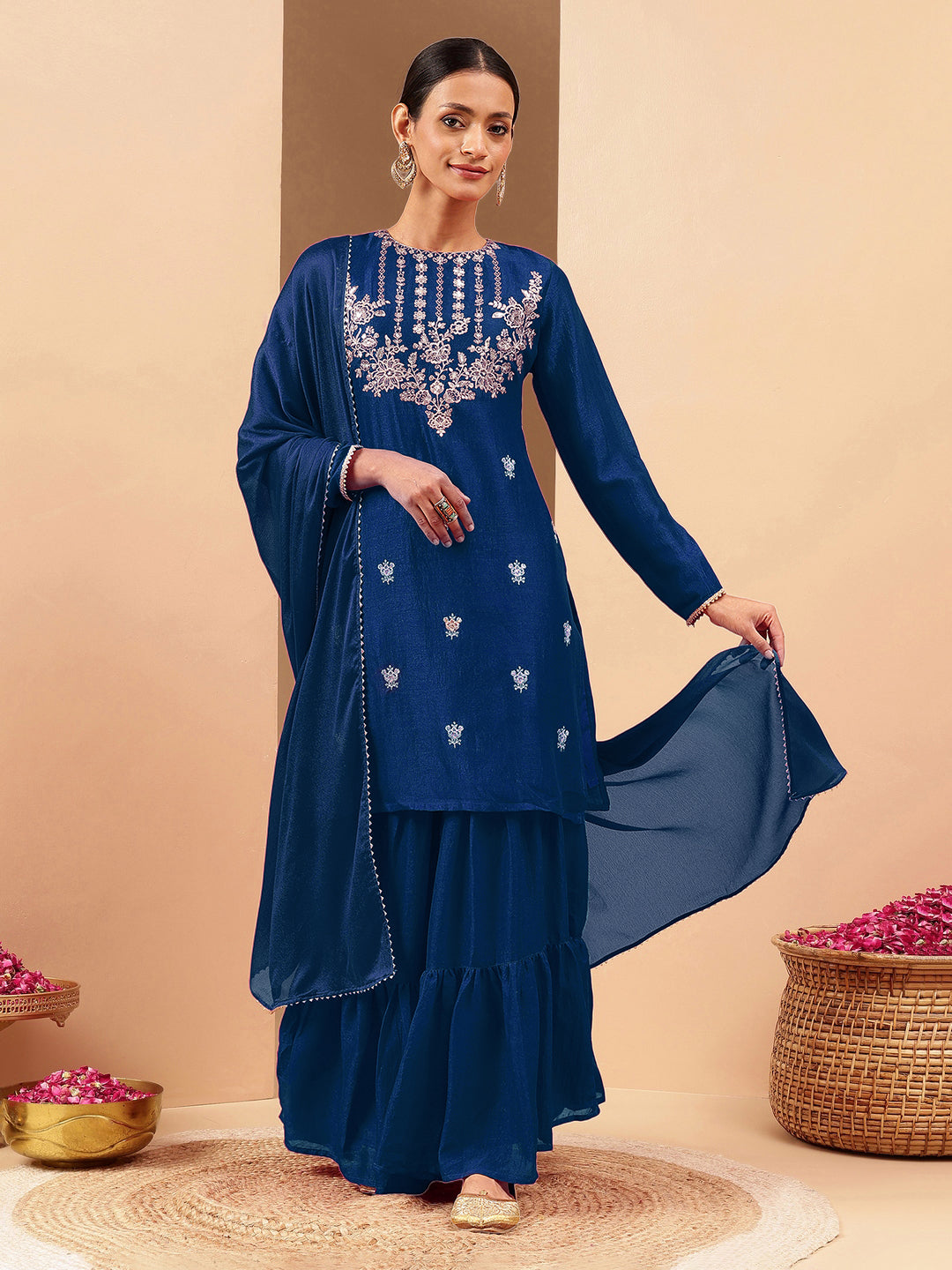 Janasya Women's Teal Blue Silk Blend Zari Embroidered Straight Kurta With Sharara & Dupatta Set