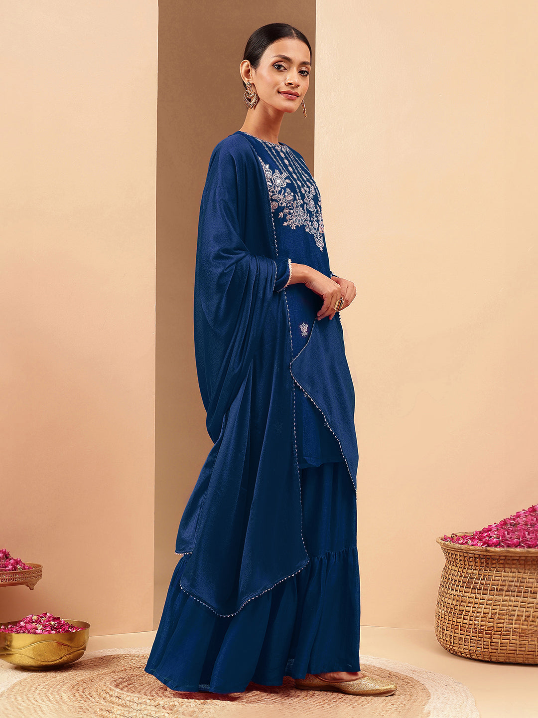 Janasya Women's Teal Blue Silk Blend Zari Embroidered Straight Kurta With Sharara & Dupatta Set