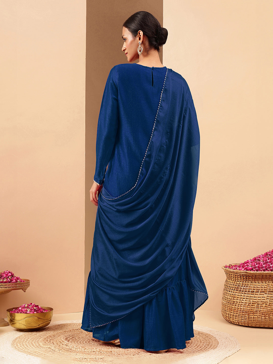 Janasya Women's Teal Blue Silk Blend Zari Embroidered Straight Kurta With Sharara & Dupatta Set - qivii