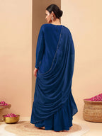 Janasya Women's Teal Blue Silk Blend Zari Embroidered Straight Kurta With Sharara & Dupatta Set