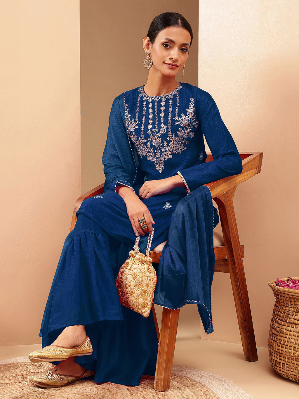 Janasya Women's Teal Blue Silk Blend Zari Embroidered Straight Kurta With Sharara & Dupatta Set