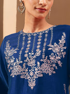 Janasya Women's Teal Blue Silk Blend Zari Embroidered Straight Kurta With Sharara & Dupatta Set