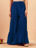 Janasya Women's Teal Blue Silk Blend Zari Embroidered Straight Kurta With Sharara & Dupatta Set