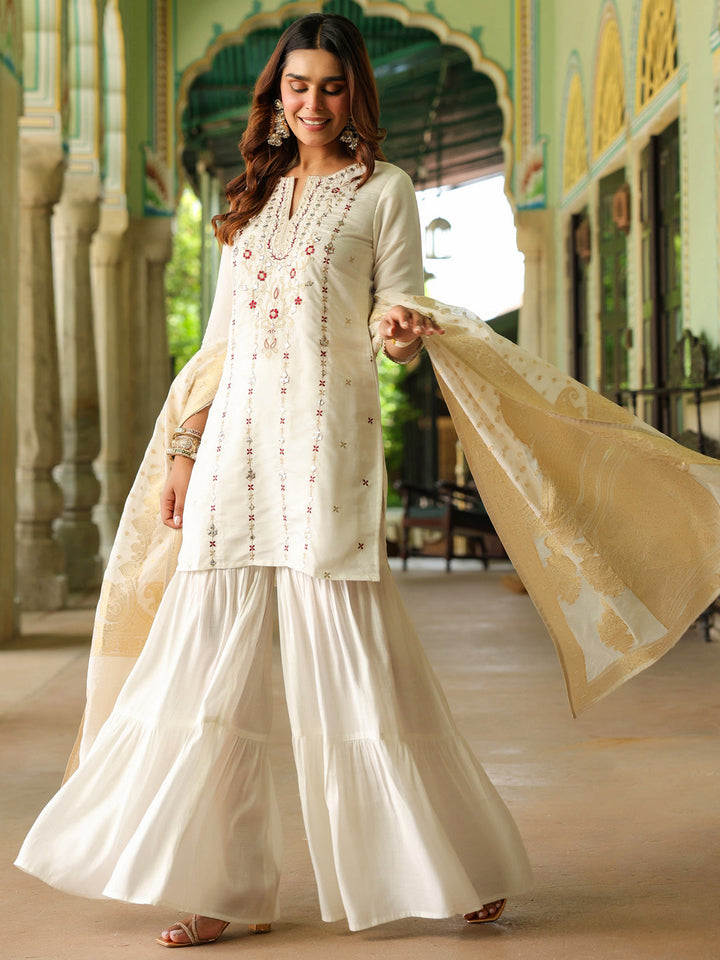 Janasya Women's Off White Chanderi Silk Embroidered Mirror Work Kurta With Sharara & Dupatta Set