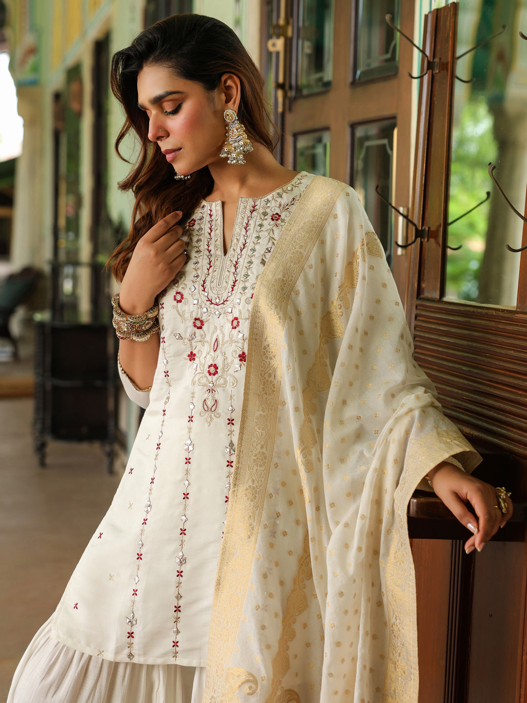 Janasya Women's Off White Chanderi Silk Embroidered Mirror Work Kurta With Sharara & Dupatta Set