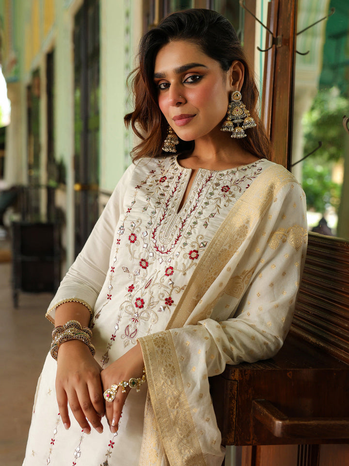 Janasya Women's Off White Chanderi Silk Embroidered Mirror Work Kurta With Sharara & Dupatta Set