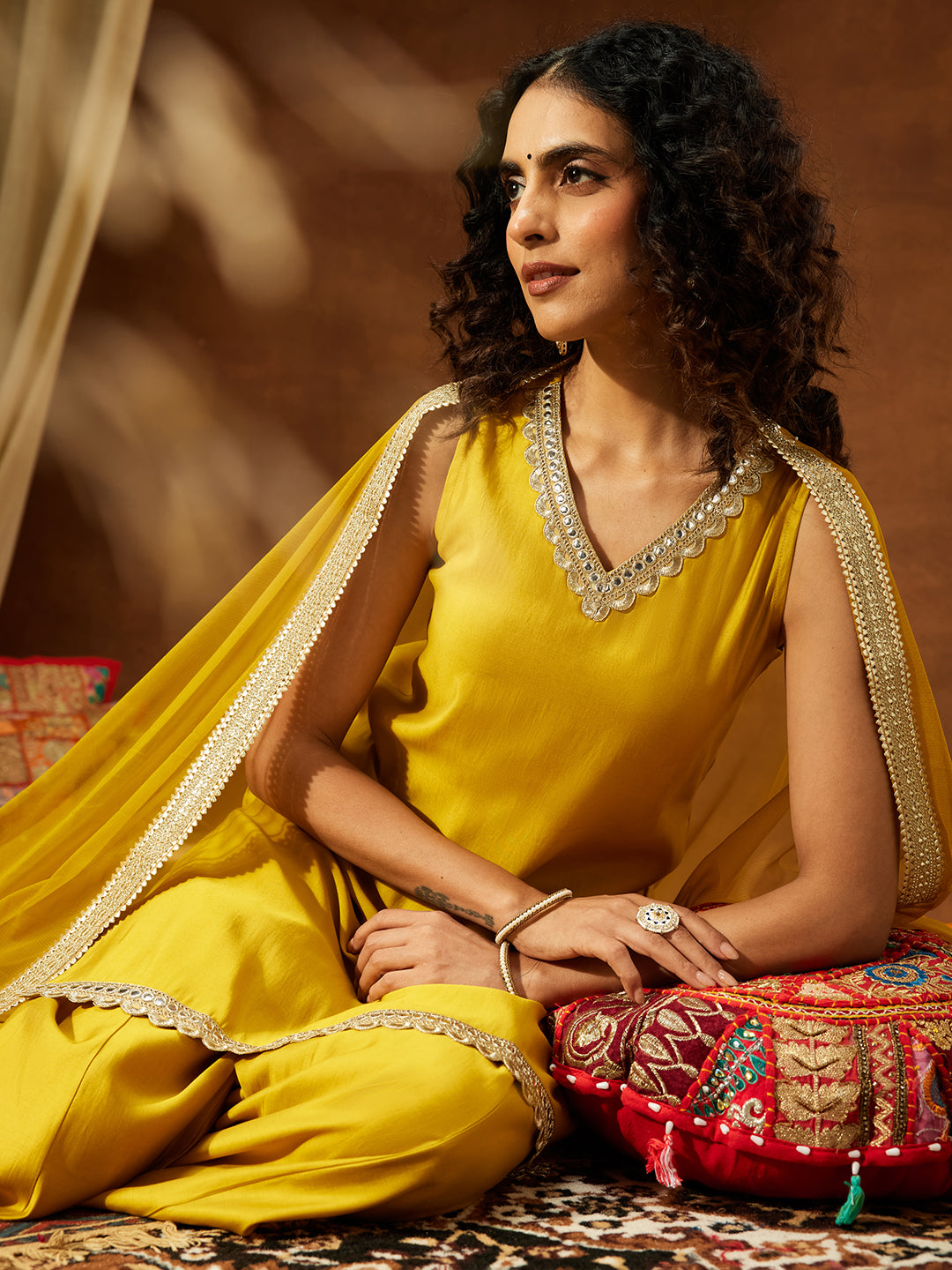 Janasya Women's Yellow Chanderi Silk Embellished Straight Kurta With Sharara & Dupatta Set - qivii