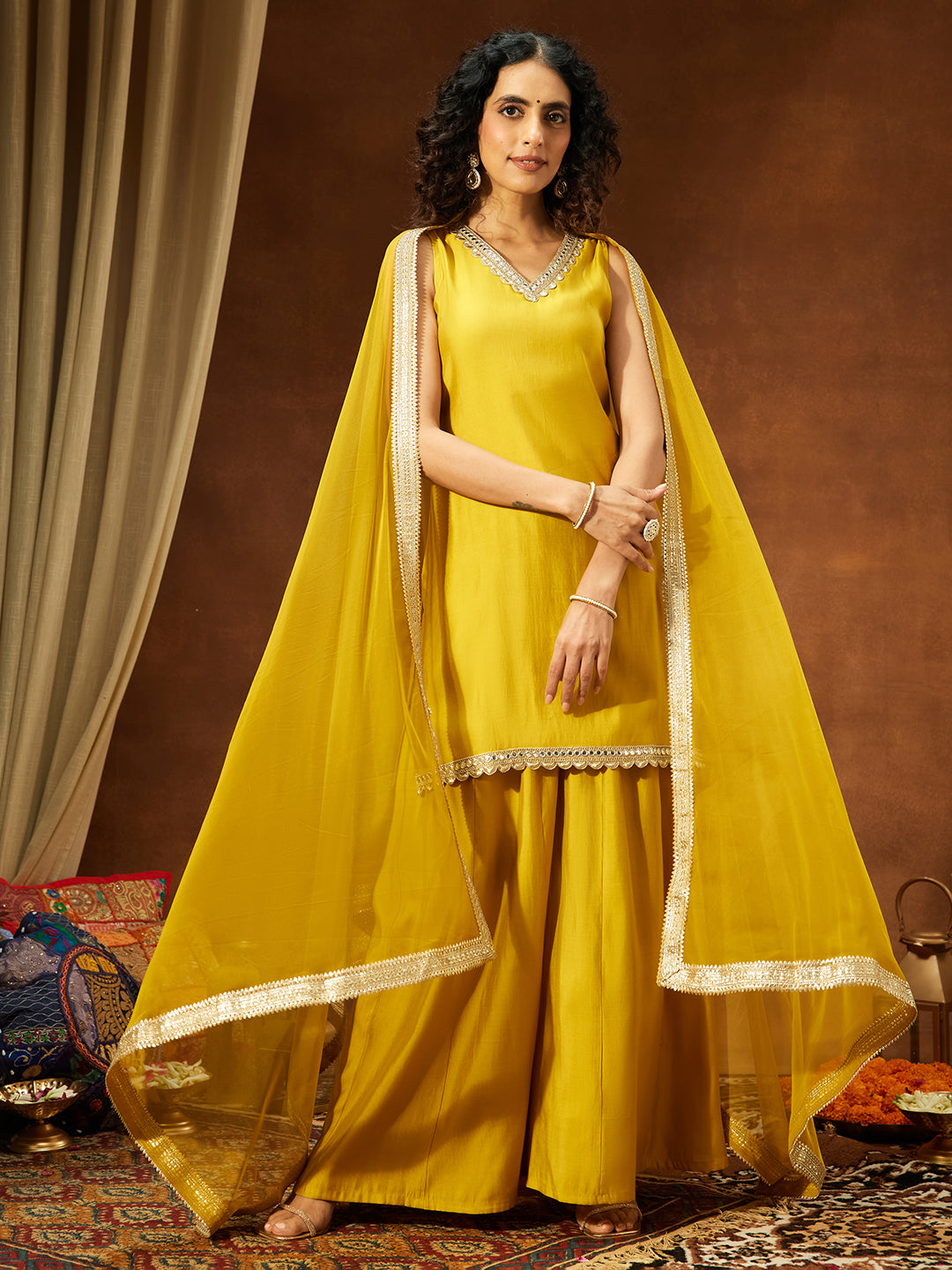Janasya Women's Yellow Chanderi Silk Embellished Straight Kurta With Sharara & Dupatta Set