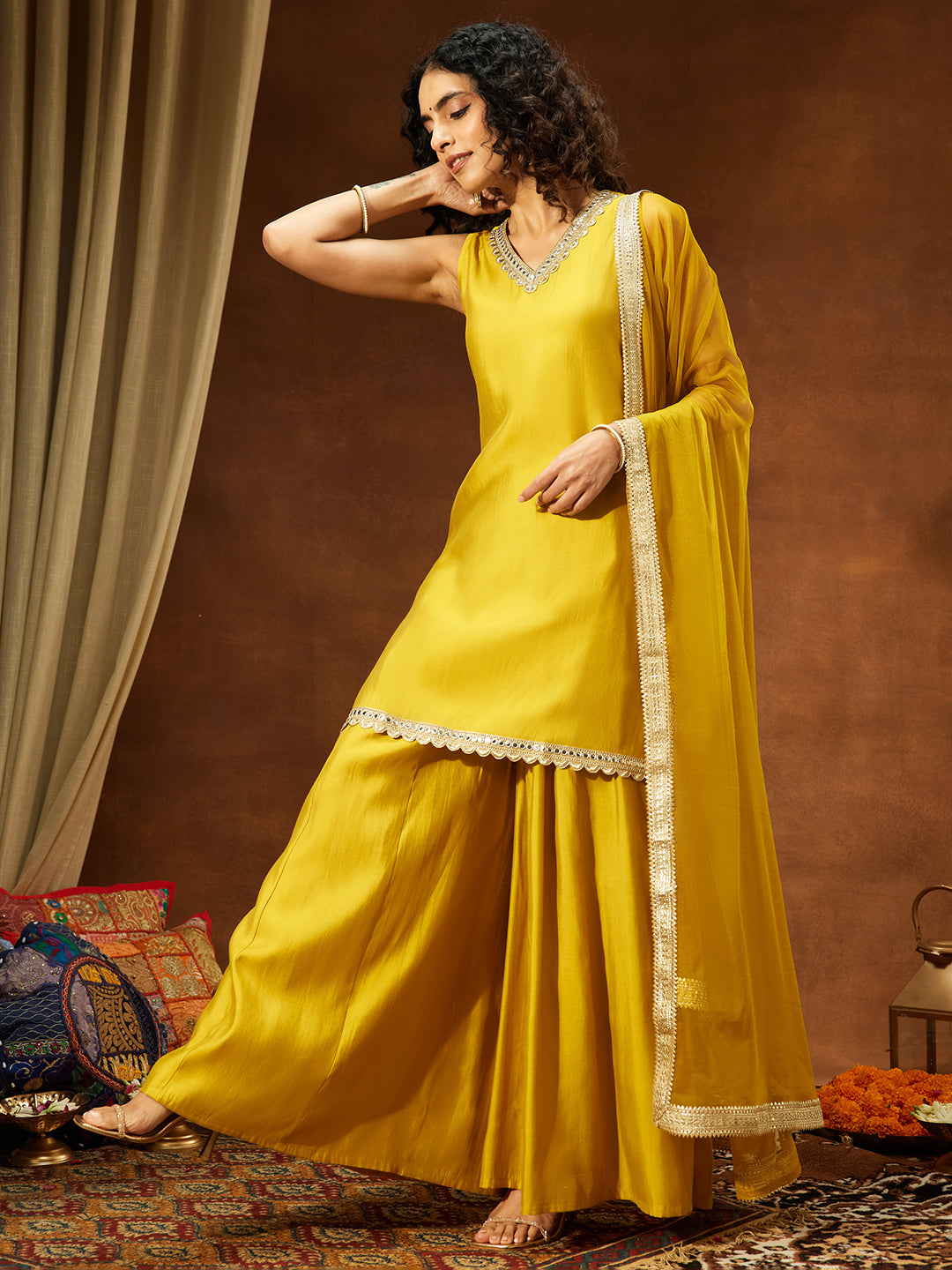 Janasya Women's Yellow Chanderi Silk Embellished Straight Kurta With Sharara & Dupatta Set - qivii