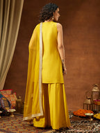Janasya Women's Yellow Chanderi Silk Embellished Straight Kurta With Sharara & Dupatta Set