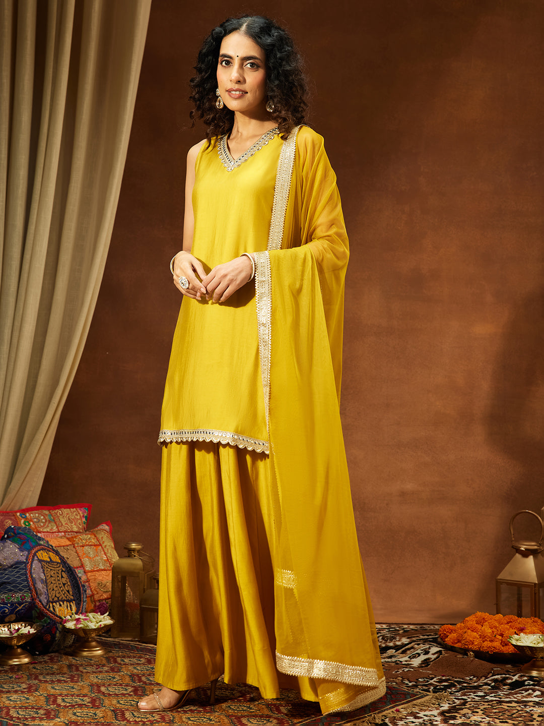 Janasya Women's Yellow Chanderi Silk Embellished Straight Kurta With Sharara & Dupatta Set - qivii