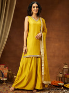 Janasya Women's Yellow Chanderi Silk Embellished Straight Kurta With Sharara & Dupatta Set