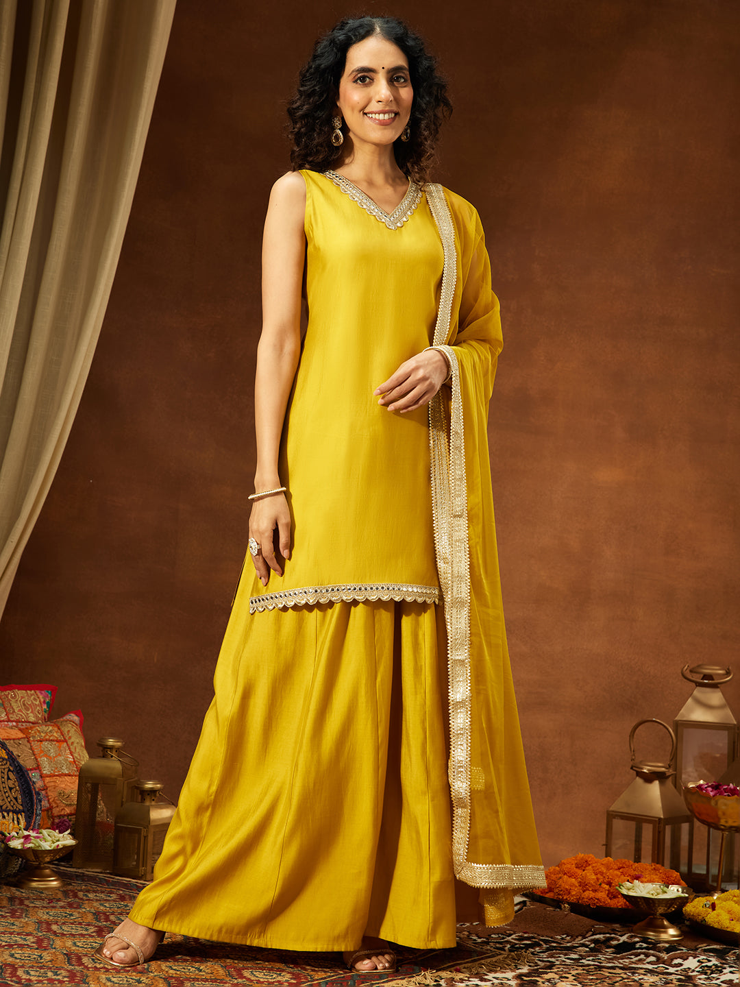 Janasya Women's Yellow Chanderi Silk Embellished Straight Kurta With Sharara & Dupatta Set