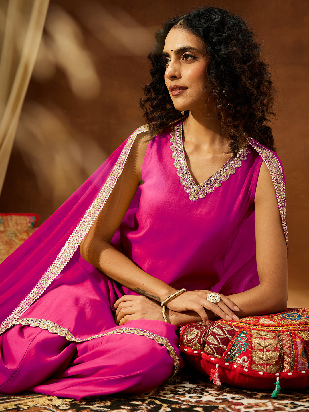 Janasya Women's Pink Chanderi Silk Embellished Straight Kurta With Sharara & Dupatta Set