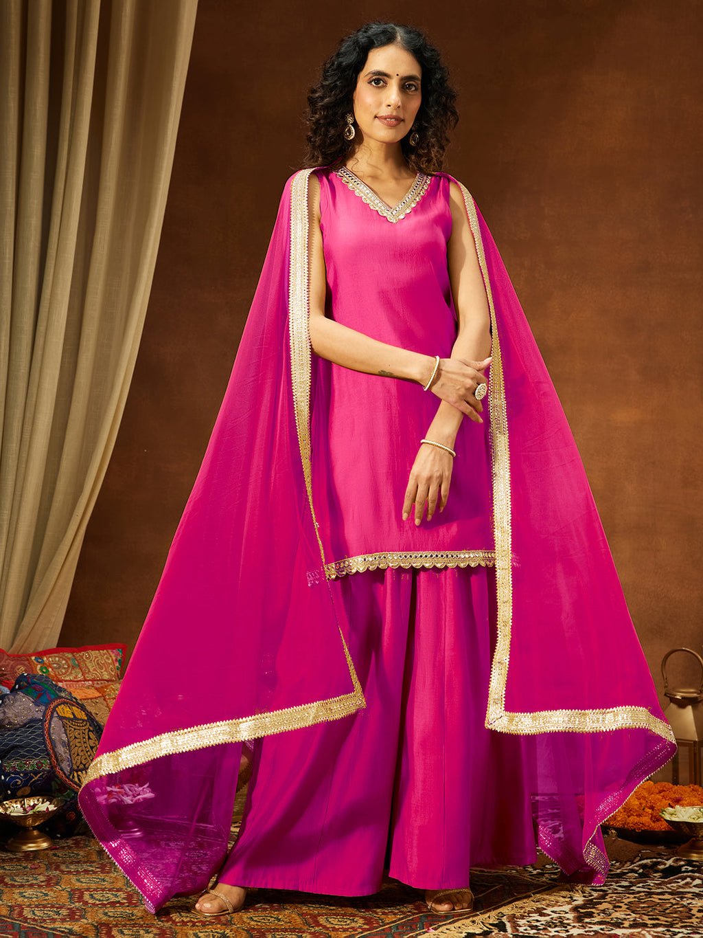 Janasya Women's Pink Chanderi Silk Embellished Straight Kurta With Sharara & Dupatta Set