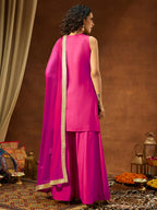 Janasya Women's Pink Chanderi Silk Embellished Straight Kurta With Sharara & Dupatta Set