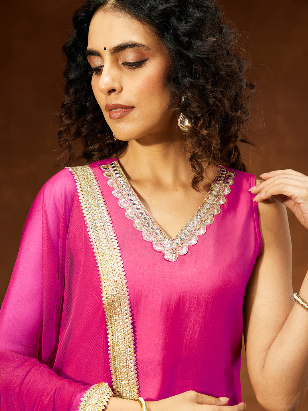 Janasya Women's Pink Chanderi Silk Embellished Straight Kurta With Sharara & Dupatta Set