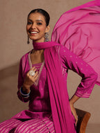 Janasya Women's Pink Rayon Gold Foil Printed Kurti With Sharara & Dupatta Set