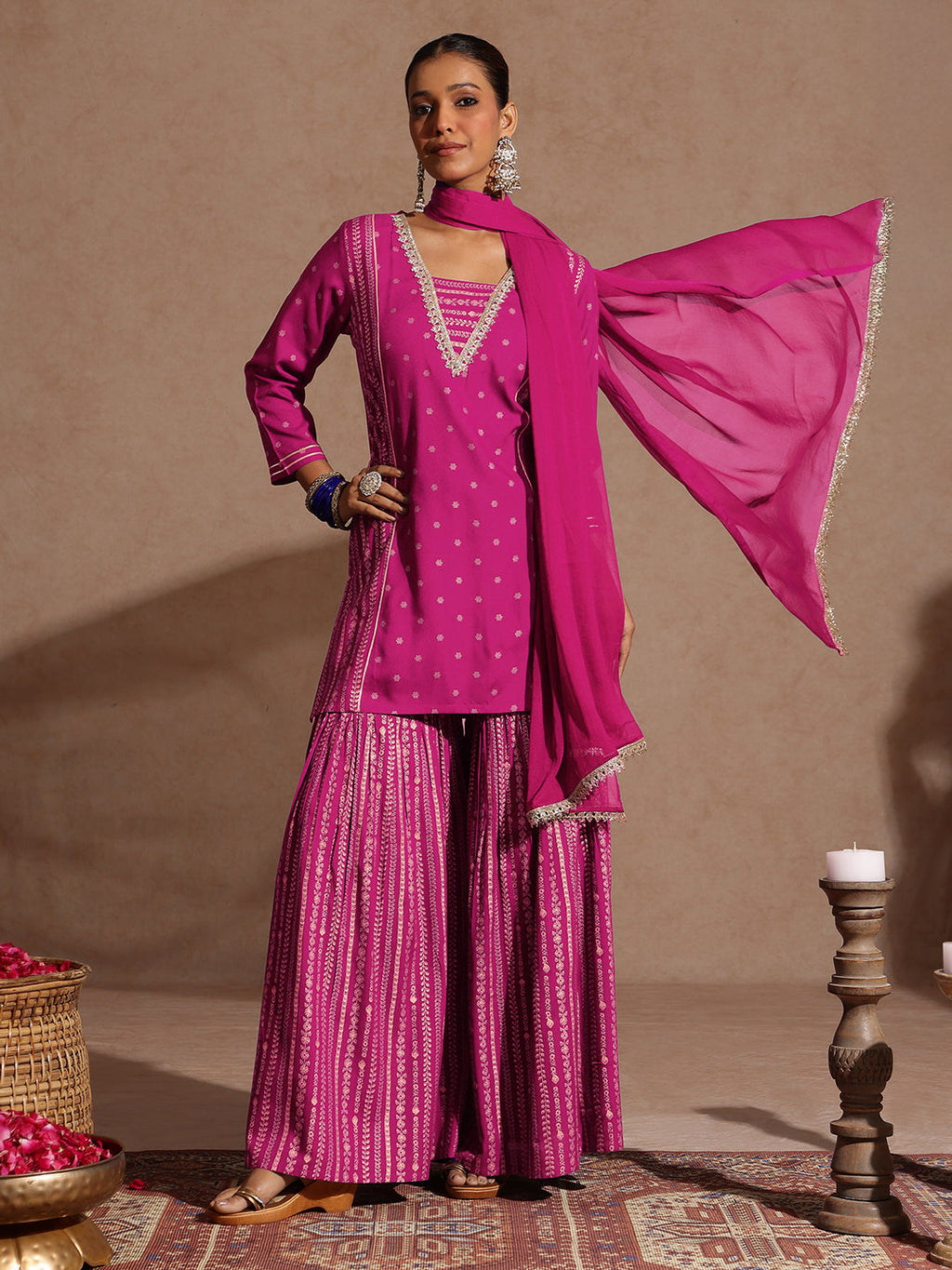 Janasya Women's Pink Rayon Gold Foil Printed Kurti With Sharara & Dupatta Set