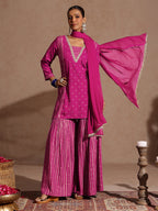 Janasya Women's Pink Rayon Gold Foil Printed Kurti With Sharara & Dupatta Set