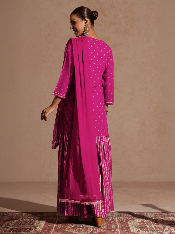 Janasya Women's Pink Rayon Gold Foil Printed Kurti With Sharara & Dupatta Set - qivii