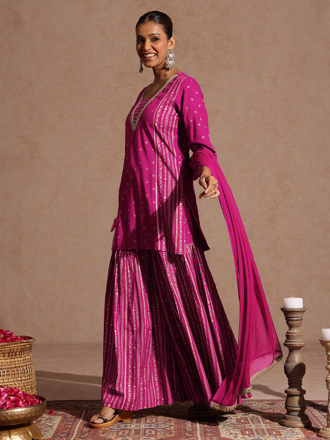 Janasya Women's Pink Rayon Gold Foil Printed Kurti With Sharara & Dupatta Set - qivii