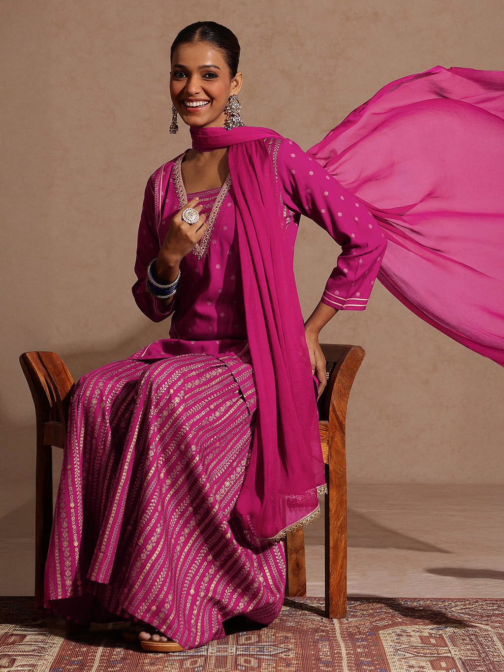 Janasya Women's Pink Rayon Gold Foil Printed Kurti With Sharara & Dupatta Set