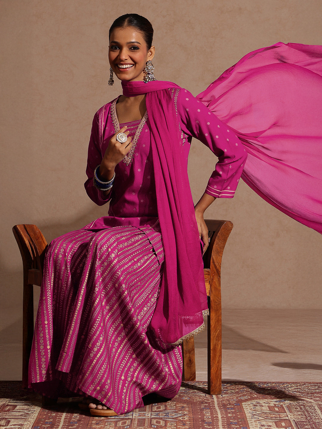 Janasya Women's Pink Rayon Gold Foil Printed Kurti With Sharara & Dupatta Set - qivii