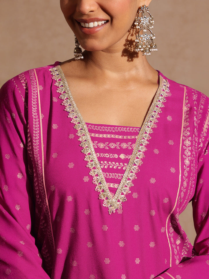 Janasya Women's Pink Rayon Gold Foil Printed Kurti With Sharara & Dupatta Set - qivii