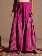 Janasya Women's Pink Rayon Gold Foil Printed Kurti With Sharara & Dupatta Set