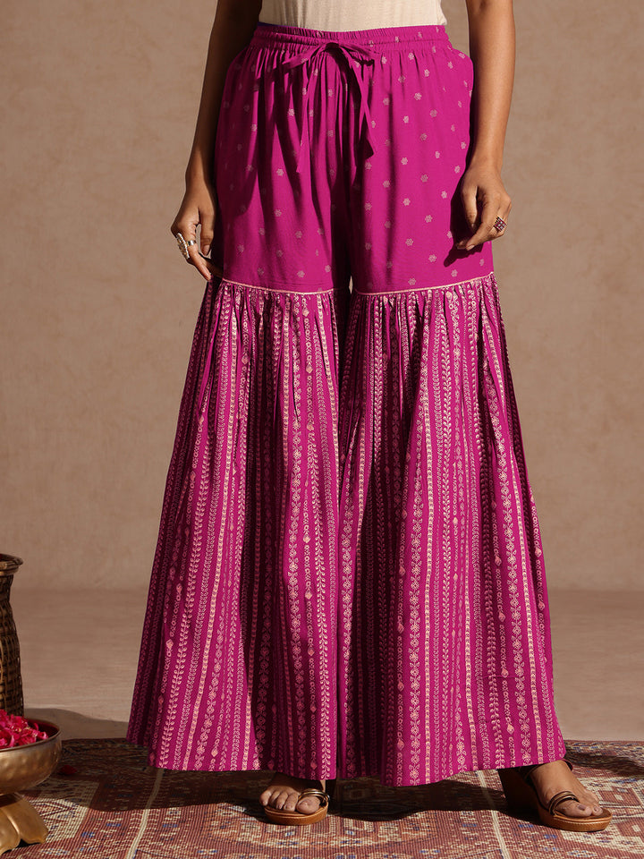 Janasya Women's Pink Rayon Gold Foil Printed Kurti With Sharara & Dupatta Set - qivii