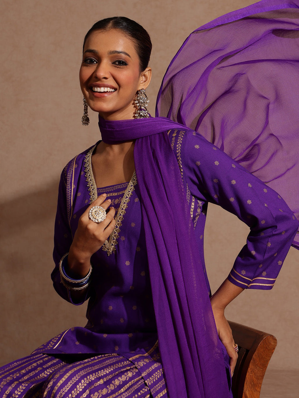 Janasya Women's Purple Rayon Gold Printed Short Kurti With Sharara & Dupatta Set