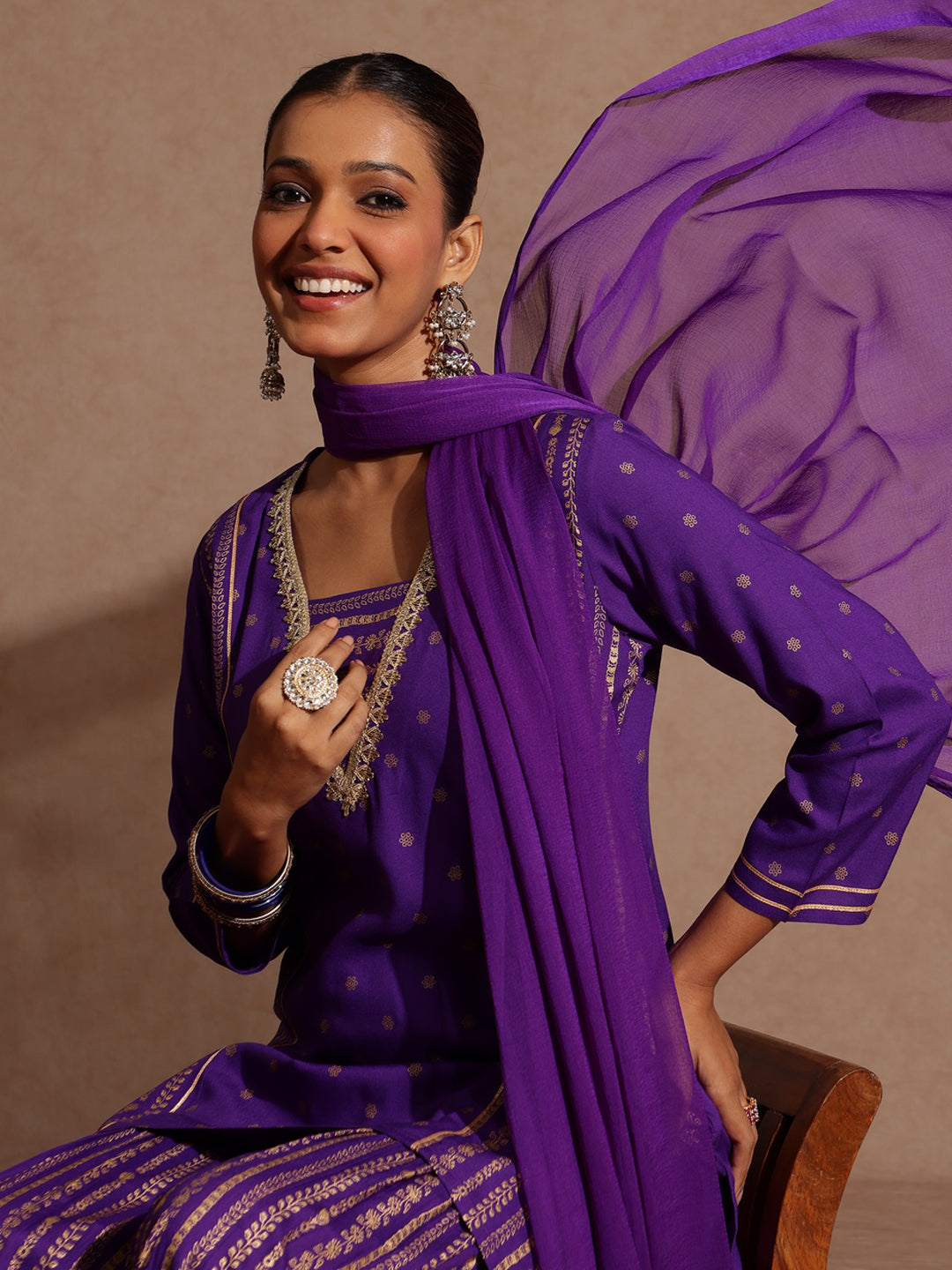 Janasya Women's Purple Rayon Gold Printed Short Kurti With Sharara & Dupatta Set - qivii