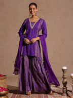 Janasya Women's Purple Rayon Gold Printed Short Kurti With Sharara & Dupatta Set