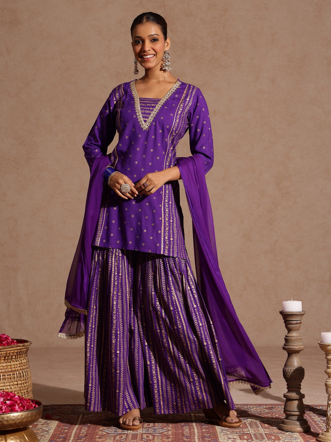 Janasya Women's Purple Rayon Gold Printed Short Kurti With Sharara & Dupatta Set