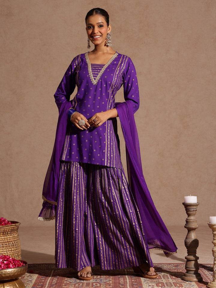 Janasya Women's Purple Rayon Gold Printed Short Kurti With Sharara & Dupatta Set - qivii