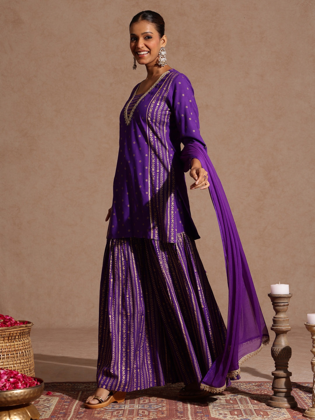 Janasya Women's Purple Rayon Gold Printed Short Kurti With Sharara & Dupatta Set - qivii