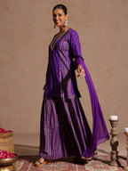 Janasya Women's Purple Rayon Gold Printed Short Kurti With Sharara & Dupatta Set