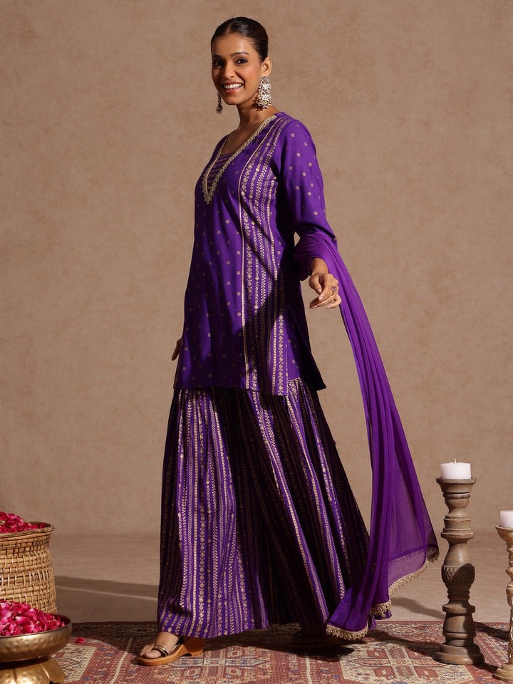 Janasya Women's Purple Rayon Gold Printed Short Kurti With Sharara & Dupatta Set - qivii