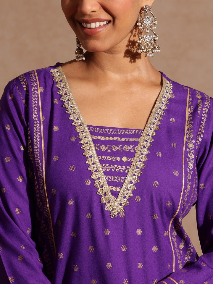 Janasya Women's Purple Rayon Gold Printed Short Kurti With Sharara & Dupatta Set - qivii