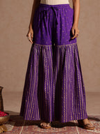 Janasya Women's Purple Rayon Gold Printed Short Kurti With Sharara & Dupatta Set