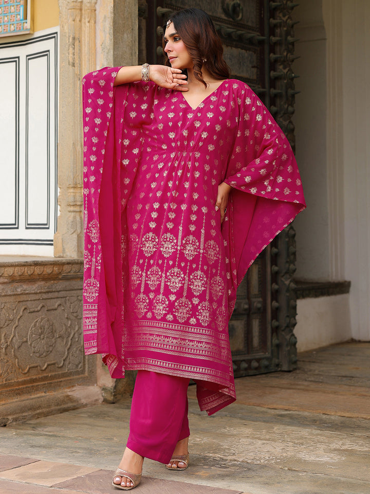 Janasya Women's Pink Georgette Foil Printed Kaftan Kurta With Palazzo Set - qivii