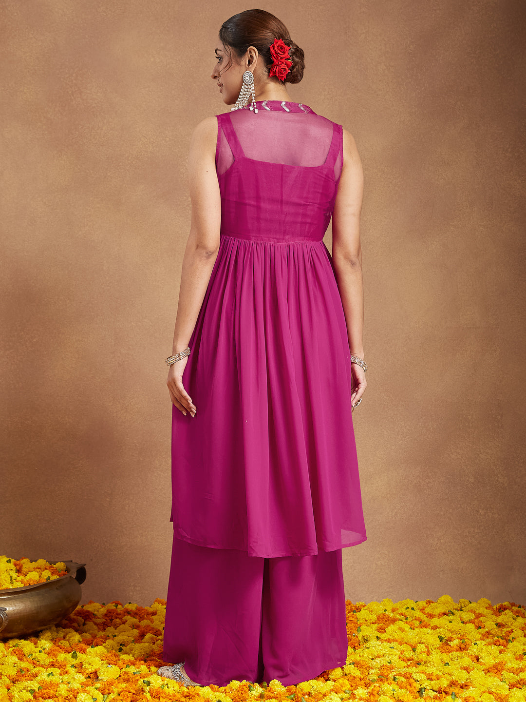 Janasya Women's Pink Georgette Sequined Front Slit Kurta With Crop Top Palazzo Set