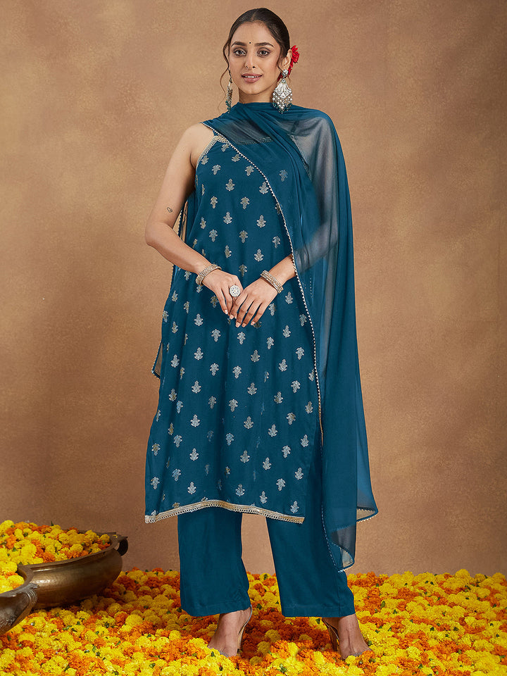 Janasya Women's Teal Blue Rayon Embellished Gold Printed Straight Kurta Set - qivii