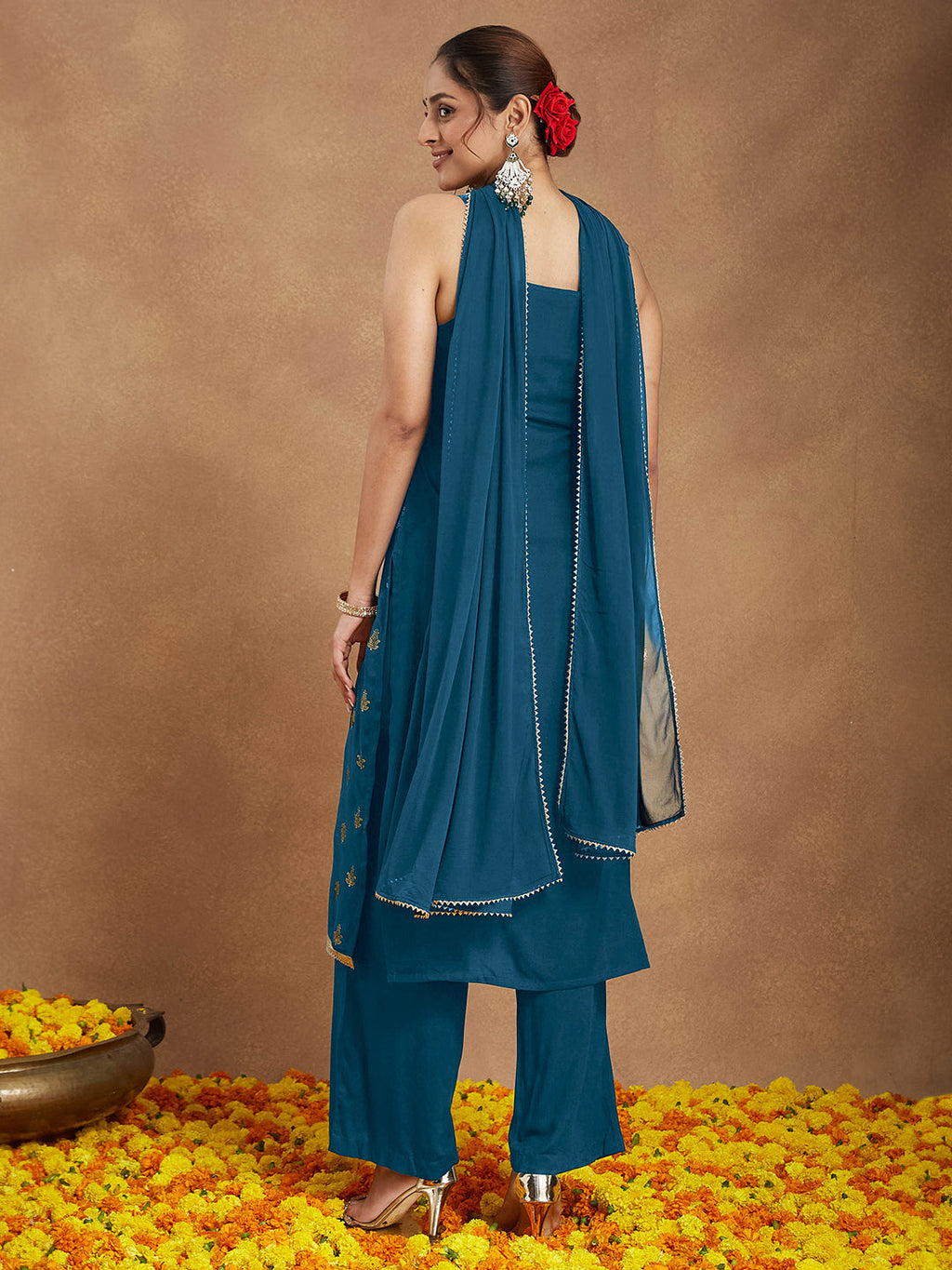 Janasya Women's Teal Blue Rayon Embellished Gold Printed Straight Kurta Set