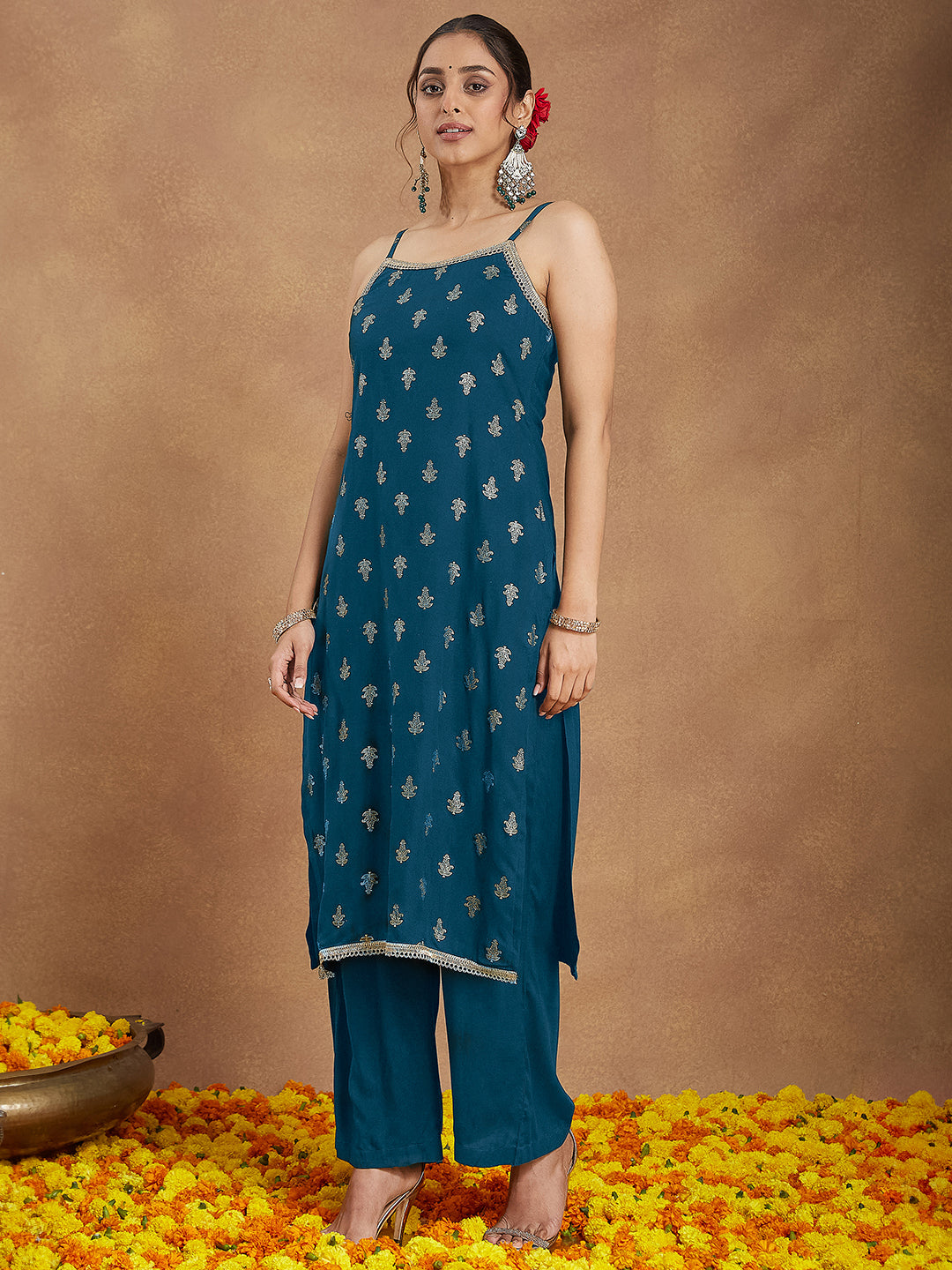 Janasya Women's Teal Blue Rayon Embellished Gold Printed Straight Kurta Set - qivii