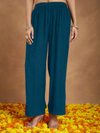 Janasya Women's Teal Blue Rayon Embellished Gold Printed Straight Kurta Set