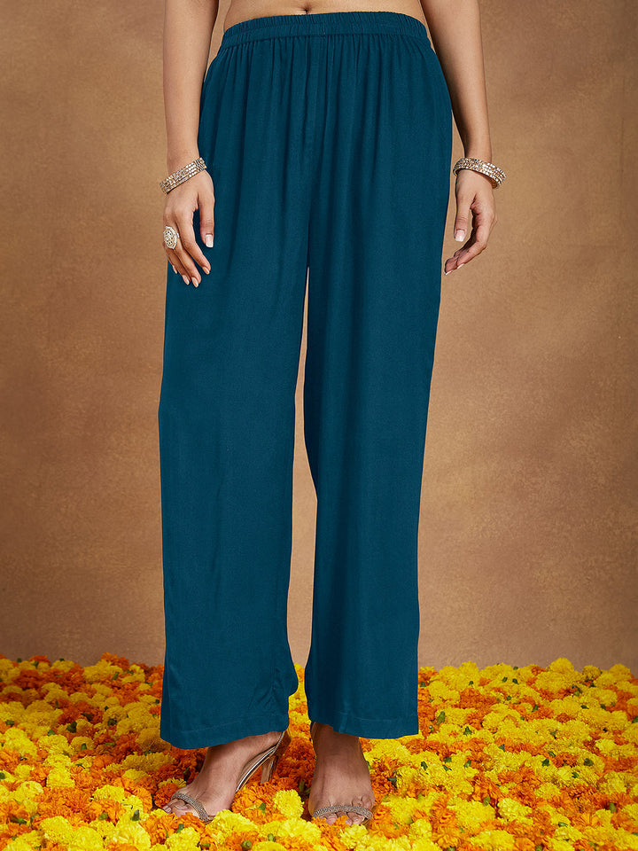 Janasya Women's Teal Blue Rayon Embellished Gold Printed Straight Kurta Set - qivii